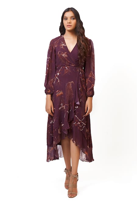 Ankita Dharman_Purple Pure  Lining Butter V Neck Floral Print Wrap Dress _Online_at_Aza_Fashions