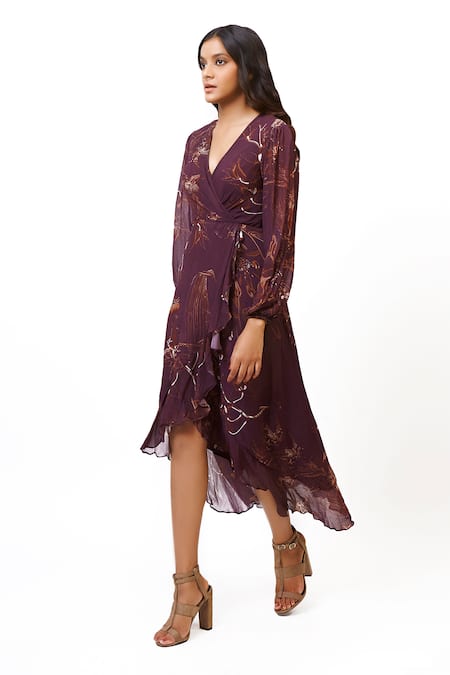 Shop_Ankita Dharman_Purple Pure  Lining Butter V Neck Floral Print Wrap Dress _Online_at_Aza_Fashions