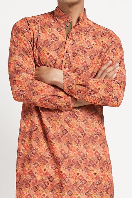Shop_Rabani & Rakha_Orange Kurta Crepe Pant Cotton Silk Printed Set _Online_at_Aza_Fashions