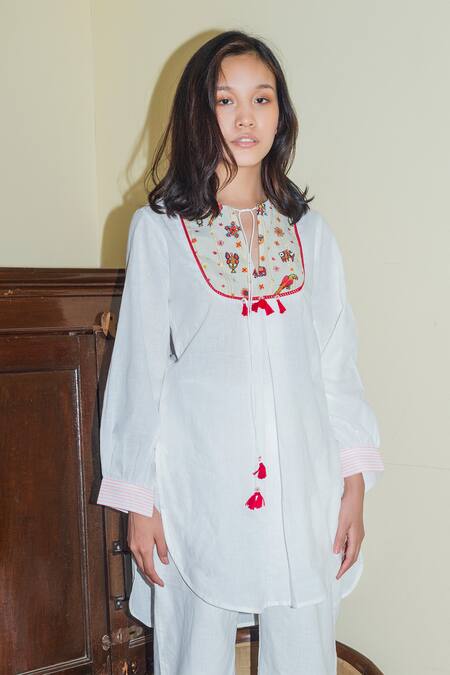 Buy_Nikasha_White Cotton Round Embroidered Kurta And Palazzo Set _Online_at_Aza_Fashions