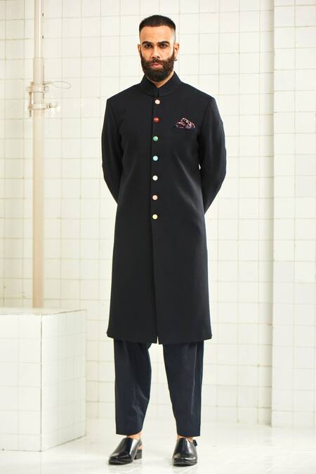 Rajesh Pratap Singh_Black Wool Crepe Button Down Sherwani _Online_at_Aza_Fashions