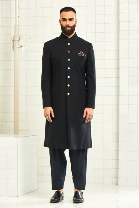 Buy_Rajesh Pratap Singh_Black Wool Crepe Button Down Sherwani _Online_at_Aza_Fashions