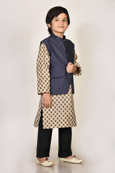 Petite Pomme_Beige Handloom Cotton, Silk Embroidery Woven Bundi And Kurta Set _Online_at_Aza_Fashions