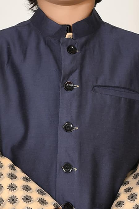 Petite Pomme_Beige Handloom Cotton, Silk Embroidery Woven Bundi And Kurta Set _at_Aza_Fashions