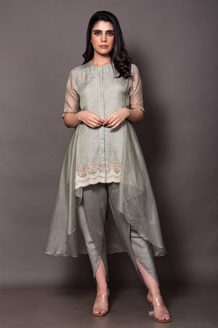 Vara By Vibha N Priti Green Organza Embroidery Round Neck High Low Cut Hand Tunic With Pant Online at Aza Fashions Vara By Vibha N Priti_Green Organza Embroidery Round Neck High Low Cut Hand Tunic With Pant _Online_at_Aza_Fashions