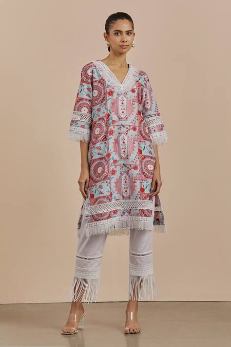 Sage Saga_Green Cotton, Organza Lace Digital Print Kurta And Pant Set_Online_at_Aza_Fashions