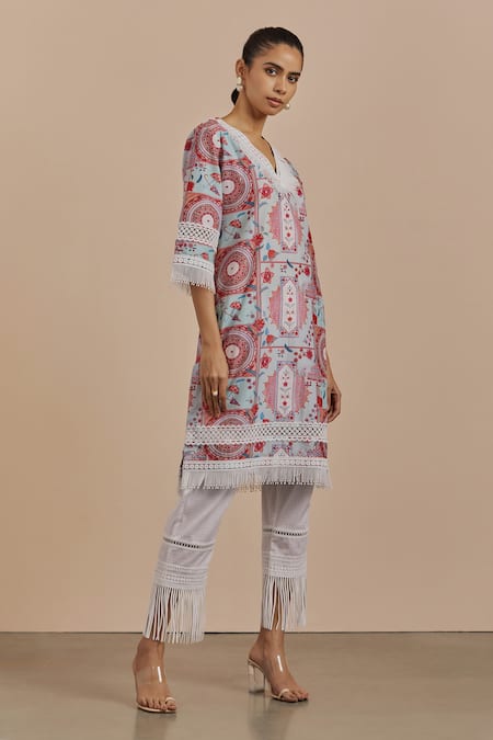 Buy_Sage Saga_Green Cotton, Organza Lace Digital Print Kurta And Pant Set_Online_at_Aza_Fashions