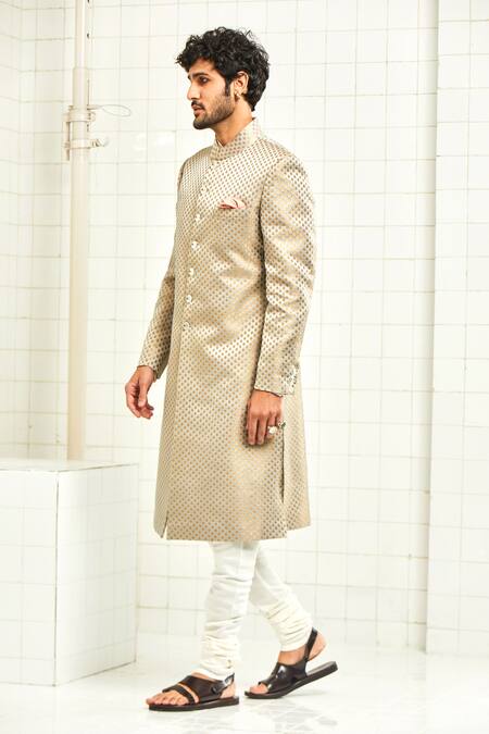 Buy_Rajesh Pratap Singh_Grey Brocade Sherwani _Online_at_Aza_Fashions
