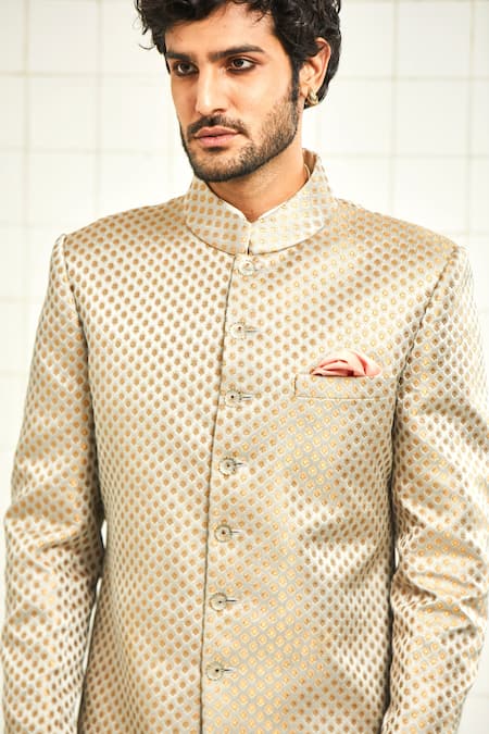 Shop_Rajesh Pratap Singh_Grey Brocade Sherwani _Online_at_Aza_Fashions
