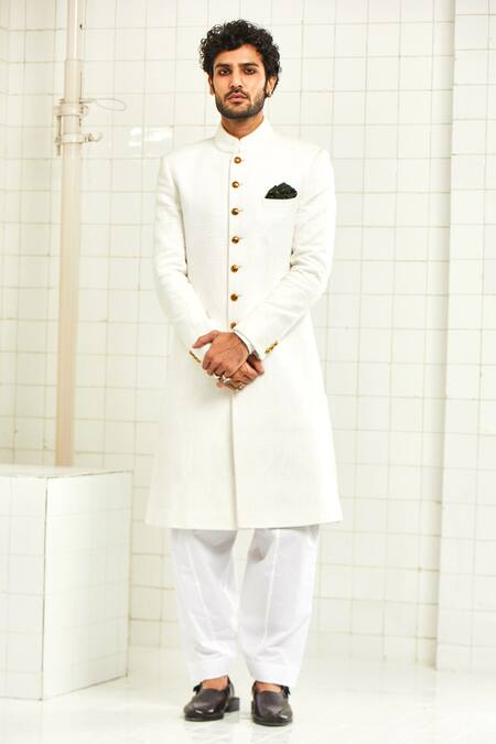 Rajesh Pratap Singh_White Textured Handloom Cotton Sherwani _Online_at_Aza_Fashions