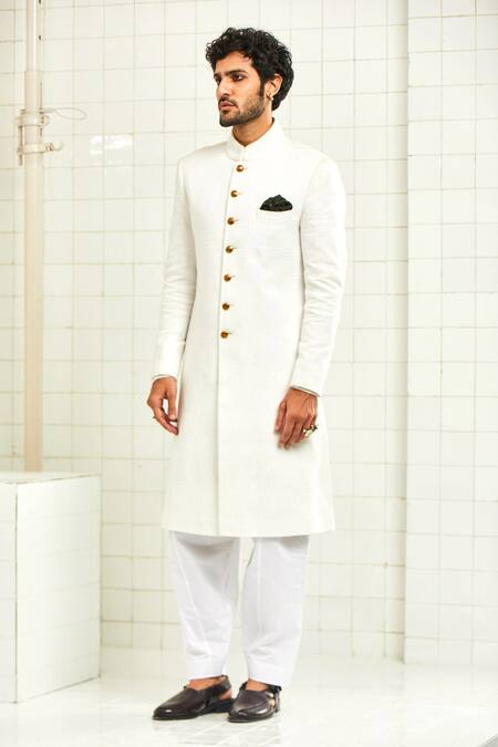 Buy_Rajesh Pratap Singh_White Textured Handloom Cotton Sherwani _Online_at_Aza_Fashions