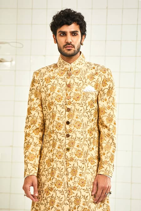 Shop Rajesh Pratap Singh Beige Viscose Textured Sherwani Online at Aza Fashions Shop_Rajesh Pratap Singh_Beige Viscose Textured Sherwani _Online_at_Aza_Fashions