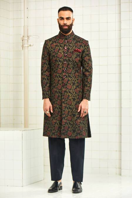 Rajesh Pratap Singh Black Viscose Textured Sherwani Online at Aza Fashions Rajesh Pratap Singh_Black Viscose Textured Sherwani _Online_at_Aza_Fashions