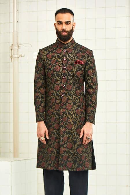 Shop Rajesh Pratap Singh Black Viscose Textured Sherwani Online at Aza Fashions Shop_Rajesh Pratap Singh_Black Viscose Textured Sherwani _Online_at_Aza_Fashions