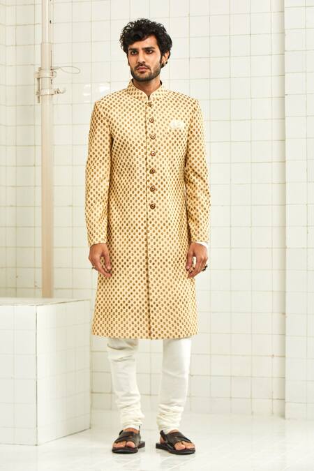 Rajesh Pratap Singh_Beige Viscose Textured Sherwani _Online_at_Aza_Fashions