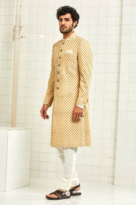 Buy_Rajesh Pratap Singh_Beige Viscose Textured Sherwani _Online_at_Aza_Fashions