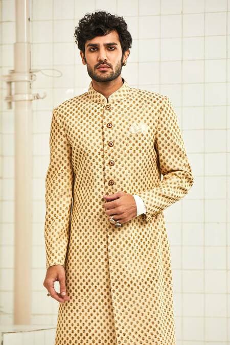 Shop_Rajesh Pratap Singh_Beige Viscose Textured Sherwani _Online_at_Aza_Fashions