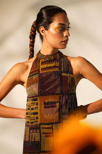 Nikita Mhaisalkar_Multi Color Georgette Beads Halter Neck Abstract Print Gown _at_Aza_Fashions