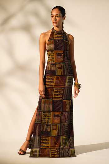Nikita Mhaisalkar_Multi Color Georgette Beads Halter Neck Abstract Print Gown _Online_at_Aza_Fashions