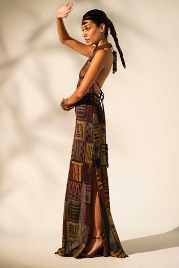 Buy_Nikita Mhaisalkar_Multi Color Georgette Beads Halter Neck Abstract Print Gown _Online_at_Aza_Fashions