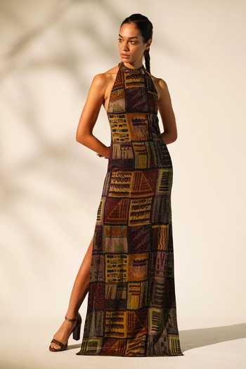 Shop_Nikita Mhaisalkar_Multi Color Georgette Beads Halter Neck Abstract Print Gown _Online_at_Aza_Fashions