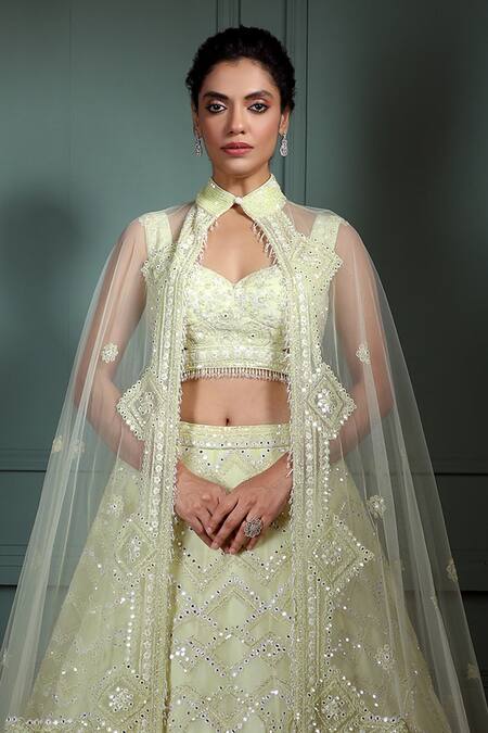 Pallavi Poddar Green Tulle Beads, Mirrors Sweetheart Neck Gamma Embroidered Cape Lehenga Set Online at Aza Fashions Pallavi Poddar_Green Tulle Beads, Mirrors Sweetheart Neck Gamma Embroidered Cape Lehenga Set _Online_at_Aza_Fashions