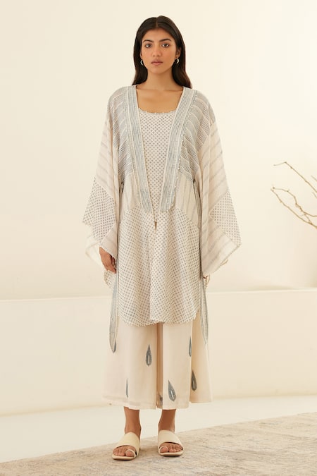 Cotton And Clay White Chanderi, Modal Geometric Hand Block Print Kimono Top Trouser Set Online at Aza Fashions Cotton And Clay_White Chanderi, Modal Geometric Hand Block Print Kimono Top Trouser Set _Online_at_Aza_Fashions