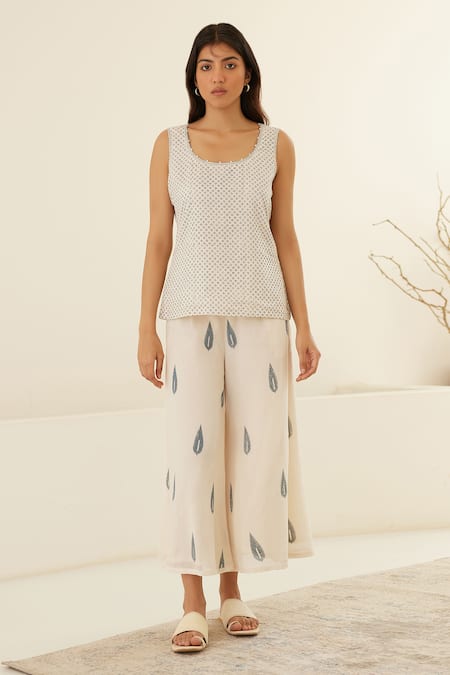 Cotton And Clay White Chanderi, Modal Geometric Hand Block Print Kimono Top Trouser Set at Aza Fashions Cotton And Clay_White Chanderi, Modal Geometric Hand Block Print Kimono Top Trouser Set _at_Aza_Fashions