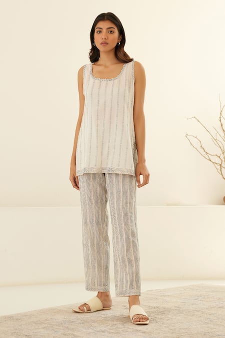 Cotton And Clay White Chanderi, Modal Embroidery Stripe Hand Block Print Kimono Top Trouser Set Online at Aza Fashions Cotton And Clay_White Chanderi, Modal Embroidery Stripe Hand Block Print Kimono Top Trouser Set _Online_at_Aza_Fashions