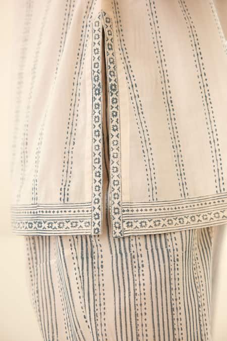 Buy Cotton And Clay White Chanderi, Modal Embroidery Stripe Hand Block Print Kimono Top Trouser Set Online at Aza Fashions Buy_Cotton And Clay_White Chanderi, Modal Embroidery Stripe Hand Block Print Kimono Top Trouser Set _Online_at_Aza_Fashions