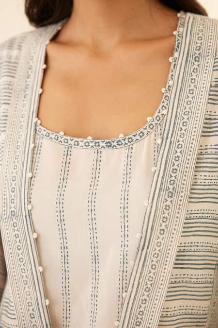 Shop Cotton And Clay White Chanderi, Modal Embroidery Stripe Hand Block Print Kimono Top Trouser Set Online at Aza Fashions Shop_Cotton And Clay_White Chanderi, Modal Embroidery Stripe Hand Block Print Kimono Top Trouser Set _Online_at_Aza_Fashions