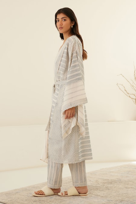Cotton And Clay White Chanderi, Modal Embroidery Stripe Hand Block Print Kimono Top Trouser Set at Aza Fashions Cotton And Clay_White Chanderi, Modal Embroidery Stripe Hand Block Print Kimono Top Trouser Set _at_Aza_Fashions