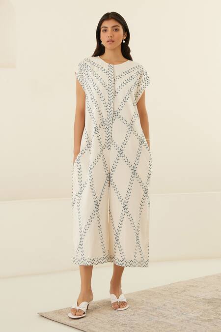 Cotton And Clay_White Silk Sequins Round Neck Geometric Hand Block Print Jumpsuit And Kimono _Online_at_Aza_Fashions