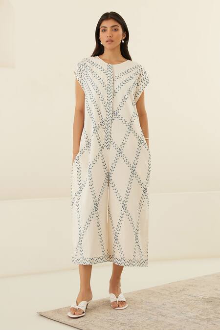 Cotton and Clay_White Silk Round Neck Hand Block Print Jumpsuit _Online_at_Aza_Fashions