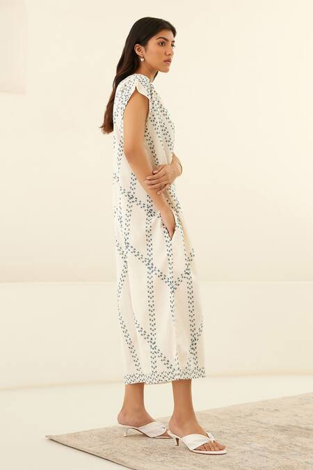 Buy_Cotton and Clay_White Silk Round Neck Hand Block Print Jumpsuit _Online_at_Aza_Fashions