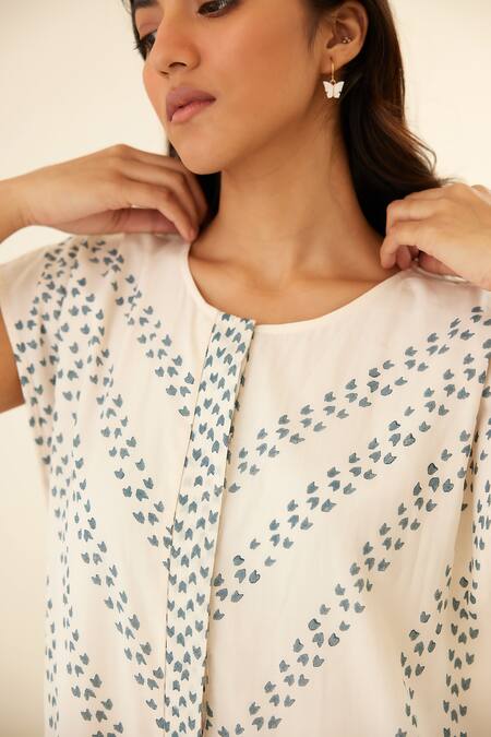 Cotton and Clay_White Silk Round Neck Hand Block Print Jumpsuit _at_Aza_Fashions