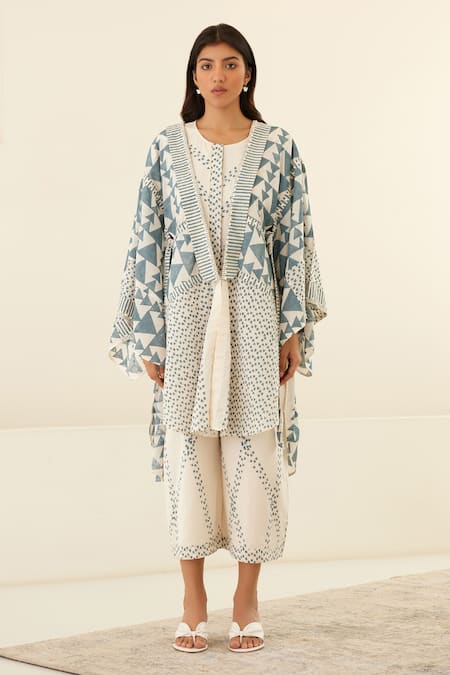 Shop_Cotton And Clay_White Silk Sequins Round Neck Geometric Hand Block Print Jumpsuit And Kimono _Online_at_Aza_Fashions