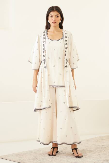 Buy Cotton And Clay White Silk, Modal Embroidery, Beluga Hand Block Print Kurta Flared Trouser Set Buy_Cotton And Clay_White Silk, Modal Embroidery, Beluga Hand Block Print Kurta Flared Trouser Set