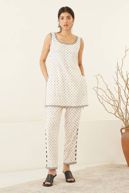 Cotton And Clay White Silk, Modal Pearls, Embroidery Beluga Hand Block Print Jacket Trouser Set Online at Aza Fashions Cotton And Clay_White Silk, Modal Pearls, Embroidery Beluga Hand Block Print Jacket Trouser Set _Online_at_Aza_Fashions