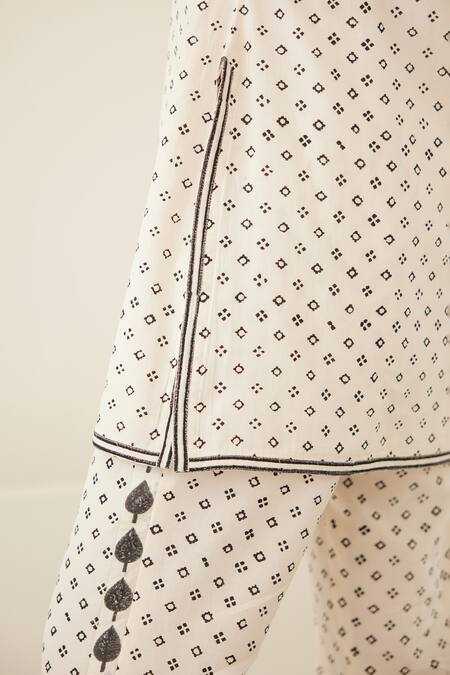 Shop Cotton And Clay White Silk, Modal Pearls, Embroidery Beluga Hand Block Print Jacket Trouser Set Shop_Cotton And Clay_White Silk, Modal Pearls, Embroidery Beluga Hand Block Print Jacket Trouser Set