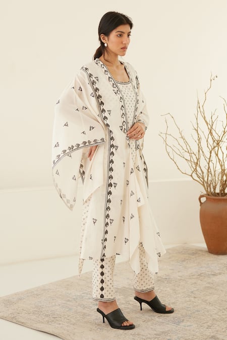 Cotton And Clay White Silk, Modal Pearls, Embroidery Beluga Hand Block Print Jacket Trouser Set at Aza Fashions Cotton And Clay_White Silk, Modal Pearls, Embroidery Beluga Hand Block Print Jacket Trouser Set _at_Aza_Fashions