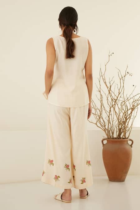 Cotton And Clay White Chanderi, Modal Embroidery Hand Block Print Kimono Top Flared Pant Set Online at Aza Fashions Cotton And Clay_White Chanderi, Modal Embroidery Hand Block Print Kimono Top Flared Pant Set _Online_at_Aza_Fashions