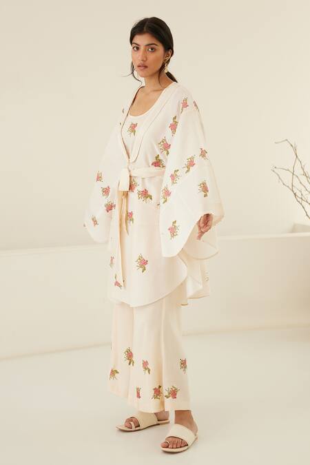 Buy Cotton And Clay White Chanderi, Modal Embroidery Hand Block Print Kimono Top Flared Pant Set Buy_Cotton And Clay_White Chanderi, Modal Embroidery Hand Block Print Kimono Top Flared Pant Set