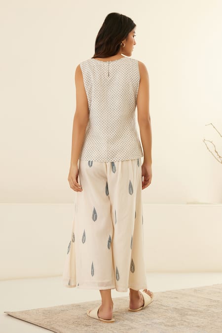 Buy Cotton And Clay White Chanderi, Modal Geometric Hand Block Print Kimono Top Trouser Set Buy_Cotton And Clay_White Chanderi, Modal Geometric Hand Block Print Kimono Top Trouser Set