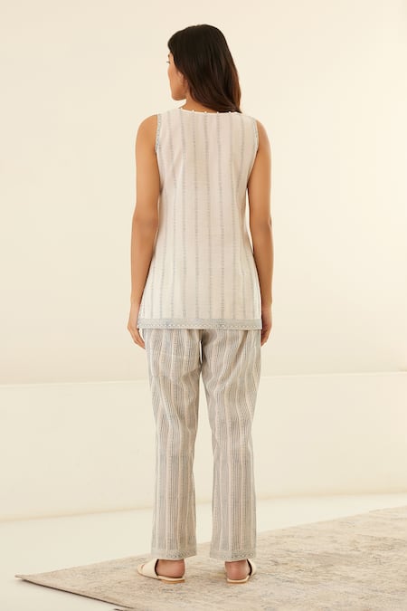 Buy Cotton And Clay White Chanderi, Modal Embroidery Stripe Hand Block Print Kimono Top Trouser Set Buy_Cotton And Clay_White Chanderi, Modal Embroidery Stripe Hand Block Print Kimono Top Trouser Set
