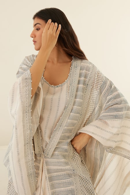 Shop Cotton And Clay White Chanderi, Modal Embroidery Stripe Hand Block Print Kimono Top Trouser Set Shop_Cotton And Clay_White Chanderi, Modal Embroidery Stripe Hand Block Print Kimono Top Trouser Set