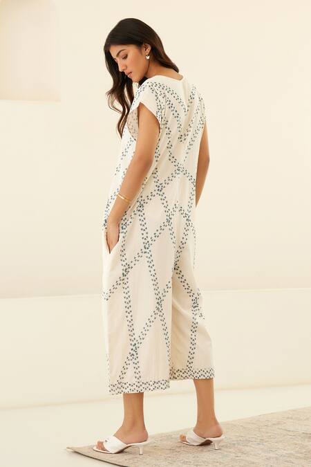 Cotton And Clay_White Silk Sequins Round Neck Geometric Hand Block Print Jumpsuit And Kimono _at_Aza_Fashions