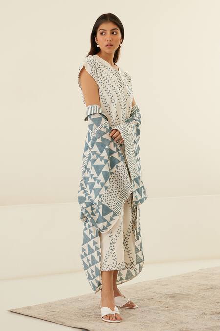 Buy_Cotton And Clay_White Silk Sequins Round Neck Geometric Hand Block Print Jumpsuit And Kimono 