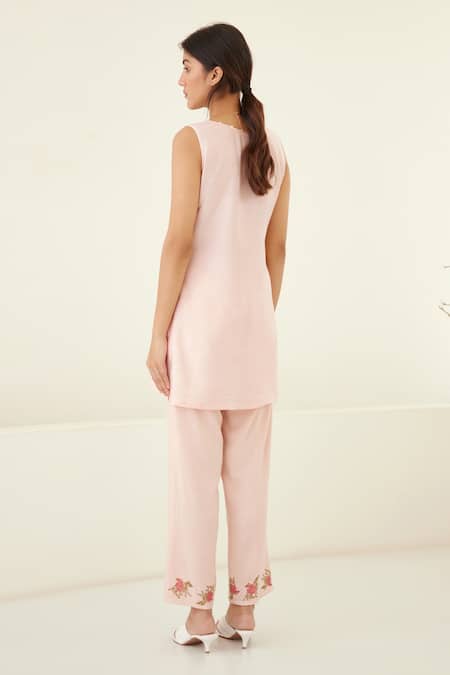 Cotton And Clay Pink Silk, Modal Embroidery Open Neck Hand Block Print Kurta Trouser Set Online at Aza Fashions Cotton And Clay_Pink Silk, Modal Embroidery Open Neck Hand Block Print Kurta Trouser Set _Online_at_Aza_Fashions