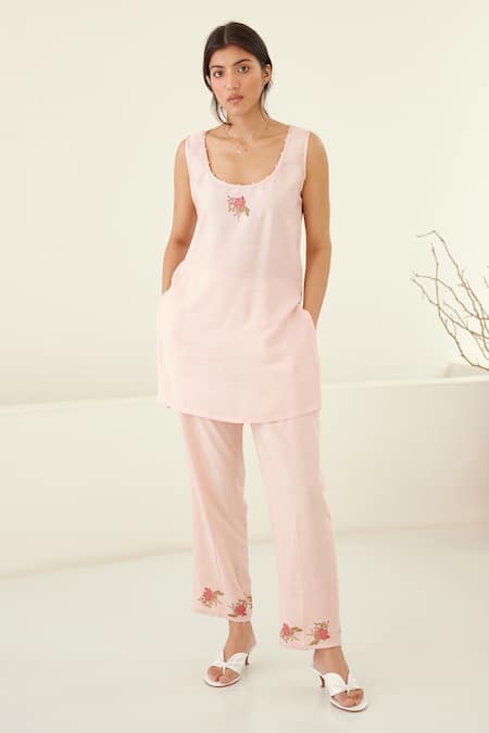 Buy Cotton And Clay Pink Silk, Modal Embroidery Open Neck Hand Block Print Kurta Trouser Set Online at Aza Fashions Buy_Cotton And Clay_Pink Silk, Modal Embroidery Open Neck Hand Block Print Kurta Trouser Set _Online_at_Aza_Fashions